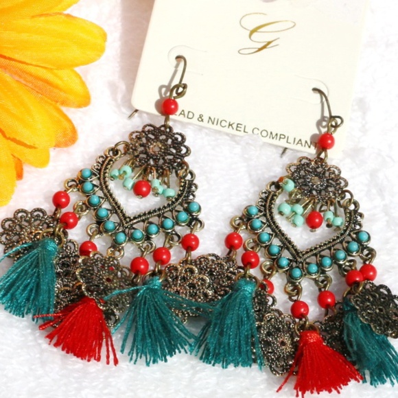 Boho Earrings Turquoise & Red Tassel Dangles - Picture 5 of 5